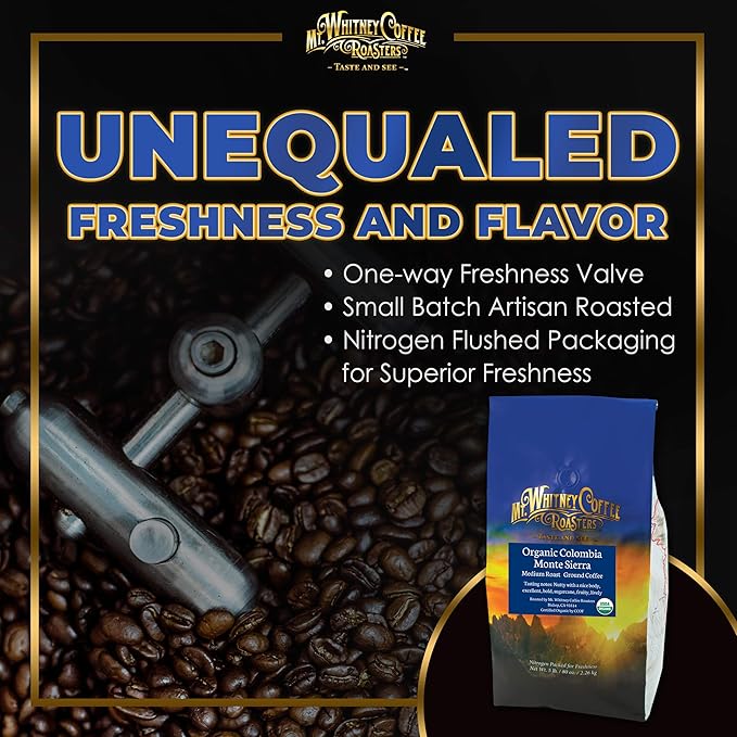 Mt. Whitney Colombia Monte Sierra Organic,Single origin, Medium Dark Roast, Smooth Full Flavored