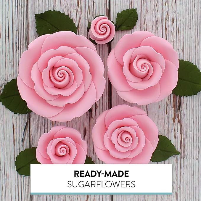 Global Sugar Art Exquisite Rose & Leaf Tray Edible Sugar Cake Flowers, Pink 20 Count Unwired by
