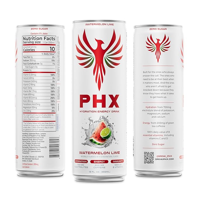 PHX Hydration Energy Drink - 700mg Electrolytes, 200mg Natural Green Tea Caffeine, 100% Daily Value