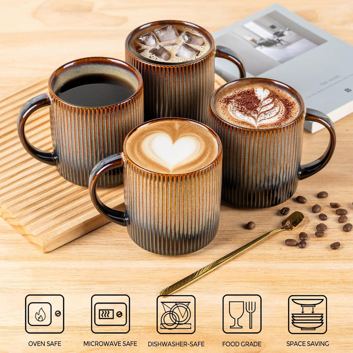theterra Ceramic Coffee Mugs Set of 4, 14.2 oz Coffee Cups with Handle