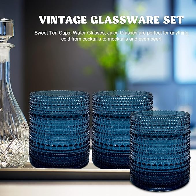 Set of 4 Vintage 12 oz Crystal Glasses, Old Fashioned Glass Cups for Water, Juice, Coffee, and Beer