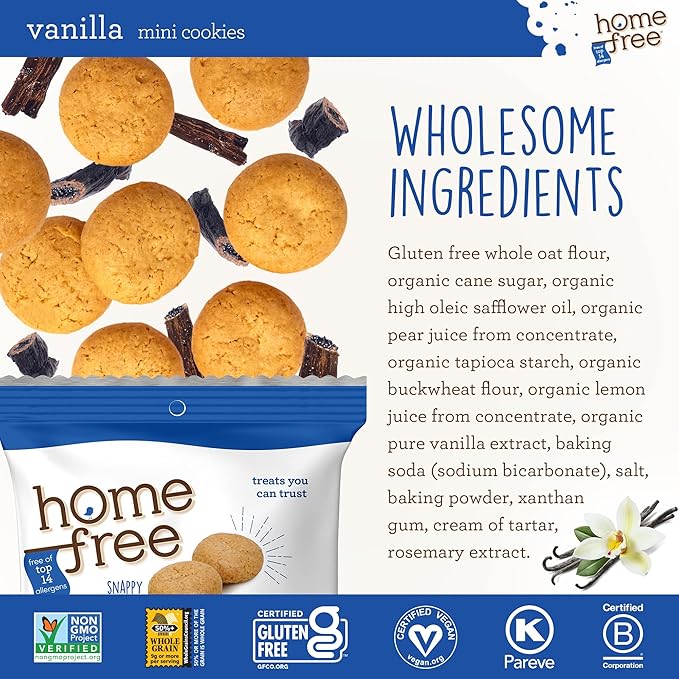 Homefree Treats You Can Trust Gluten Free Mini Cookies, Single Serve, Vanilla, 70% Organic, 1.1