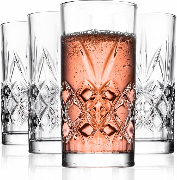 Royalty Art Kinsley Tall Highball Glasses Set of 4, 12 Ounce Cups, Textured Designer Glassware for