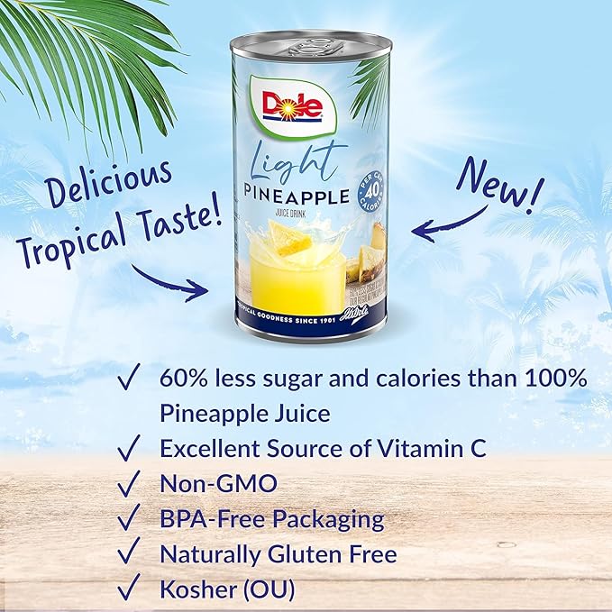 Dole Light Pineapple Juice Drink, No Added Sugar, 40 Calories Per Can, Excellent Source of Vitamin
