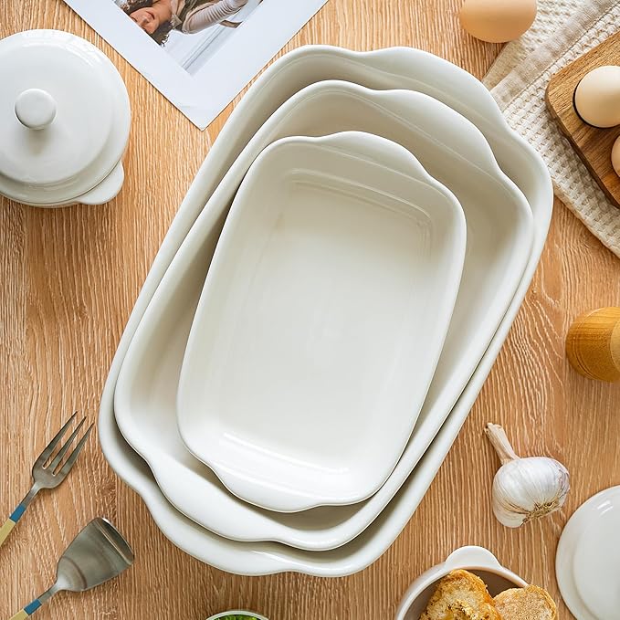 3-Pack Ceramic Baking Dishes Set,Heavy-Duty Oven-Safe Stoneware,Deep Rectangular Casserole Pans for