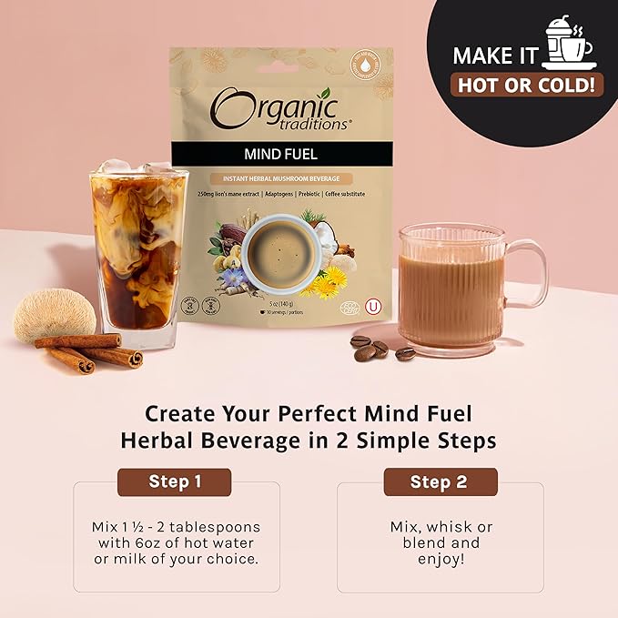 Organic Traditions Mind Fuel Instant Mushroom Coffee Alternative – Caffeine-Free Herbal Mushroom