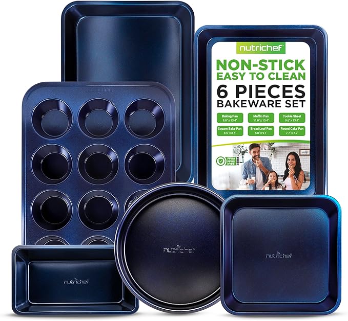NutriChef 6-Piece Nonstick Baking Pans - Carbon Steel Non toxic Bakeware set with Cookie Sheets