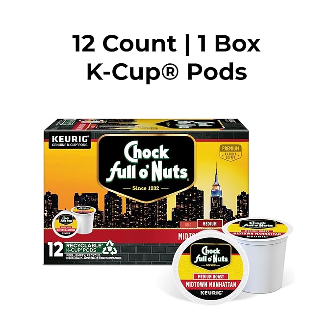 Chock full o’Nuts Midtown Manhattan Keurig K-Cup Pods for Keurig Brewers – Premium Arabica, Medium