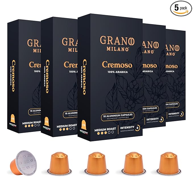 Grano Milano Cremoso Coffee Capsules - 50 Aluminum Coffee Pods Compatible with Nespresso Original