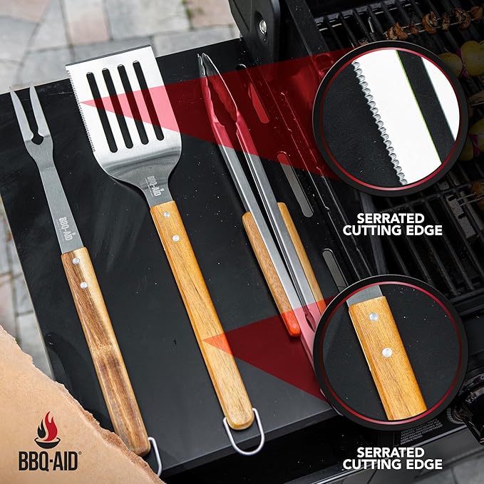3 Piece BBQ Grilling Accessories Set - BBQ Tongs Spatula Fork Set - Heavy Duty Stainless Steel