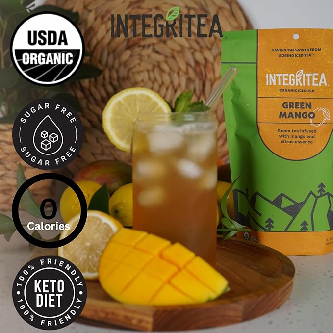 IntegriTEA Green Mango Flavored Green Tea, 6 Organic Unsweetened Iced Tea Bags, 6 Gallons, Hot or