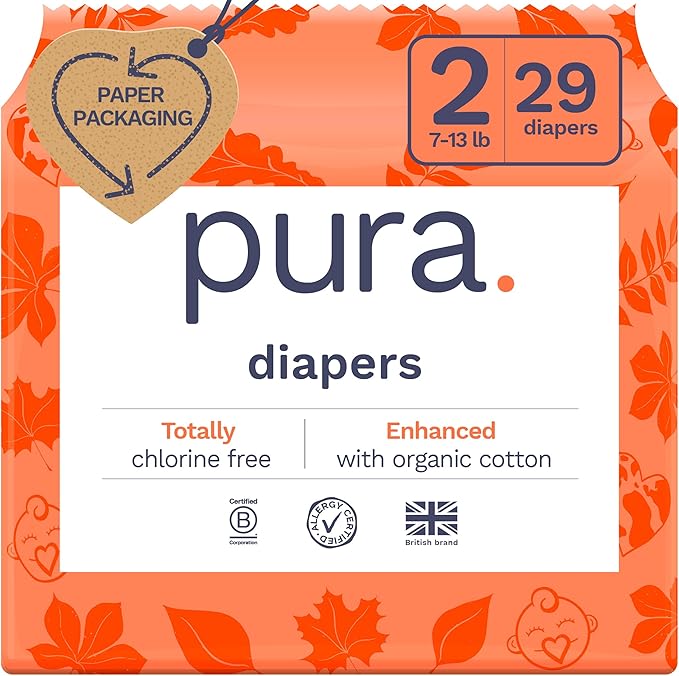 Pura Hypoallergenic Diapers, Size 2 (7-13 lbs) Totally Chlorine Free, Wetness Indicator, Suitable