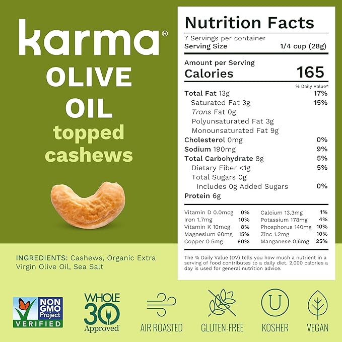 Karma Nuts Olive Oil & Sea Salt Whole Cashews (7 oz, Pack of 1) ??Roasted Cashews, Healthy Snacks