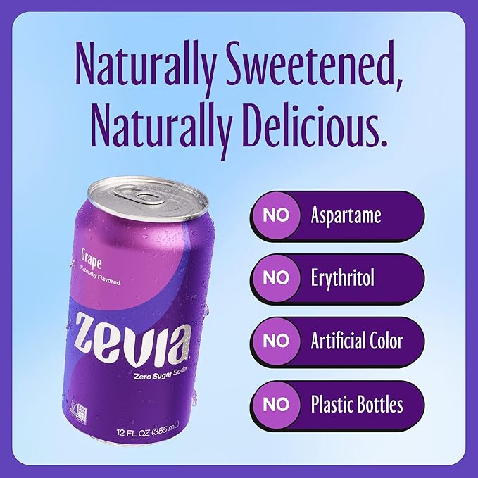 Zevia Zero Sugar Soda, Grape, 12 oz Cans (24-Pack) ??Naturally Sweetened, Zero Calorie Sugar Free