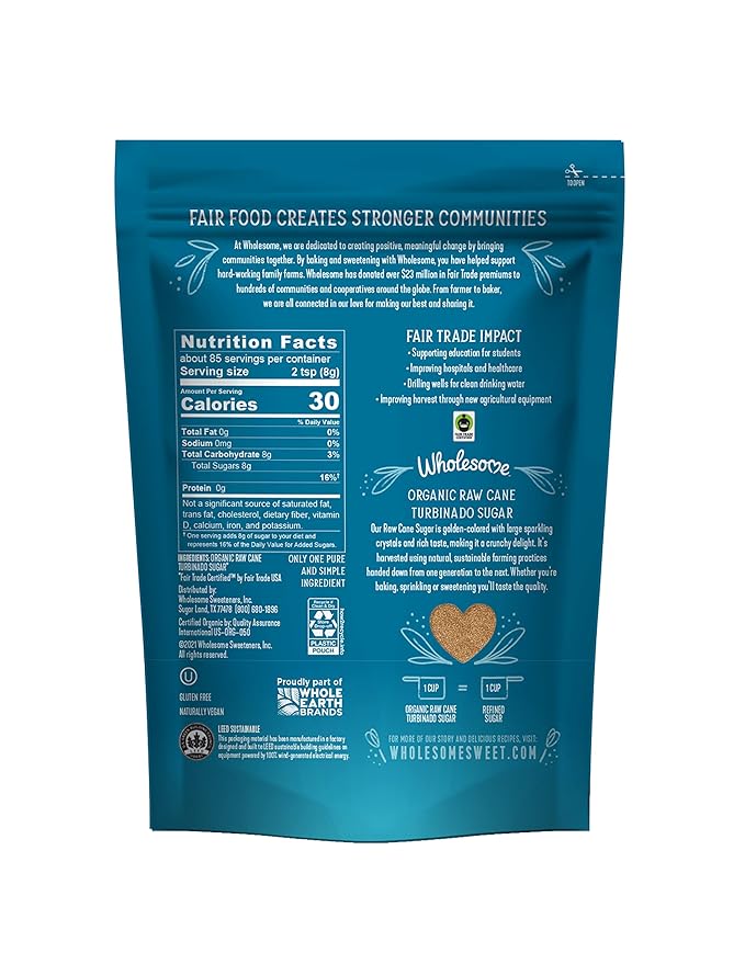 Wholesome Sweeteners 24-Ounce Organic Raw Cane Turbinado Sugar, Fair Trade, Non GMO, Gluten Free &