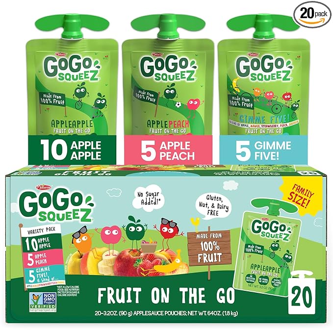 GoGo squeeZ Applesauce and Fruit Puree Variety Pack, Apple, Peach & Gimme Five!, 3.2 oz (Pack of
