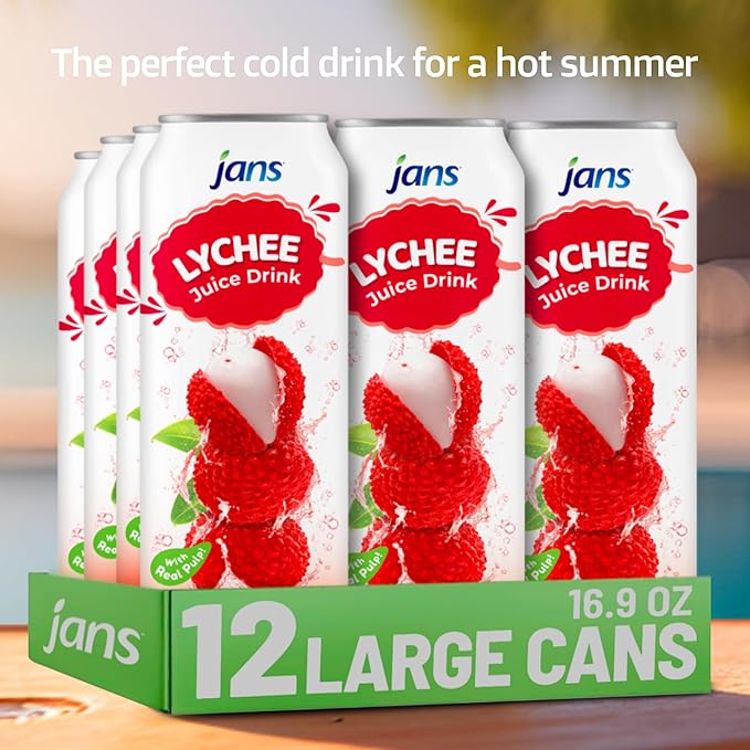 Jans Tropical Lychee Juice Drink with 100% Real Lychee Jelly (12-Pack,16.9 Fl Oz Canned) - Superior