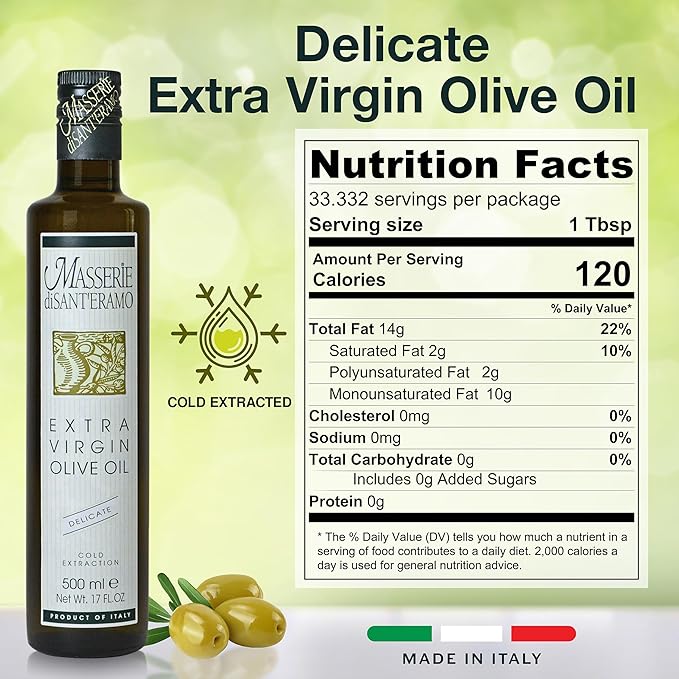 Delicate Italian Extra Virgin Olive Oil Cold Pressed - Light Olive Oil for Cooking and Frying