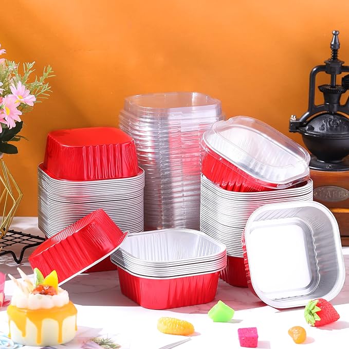 Aoriher 300 Pieces 10 oz Mini Cake Pans with Lids, Aluminum Foil Baking Cups, Square Disposable