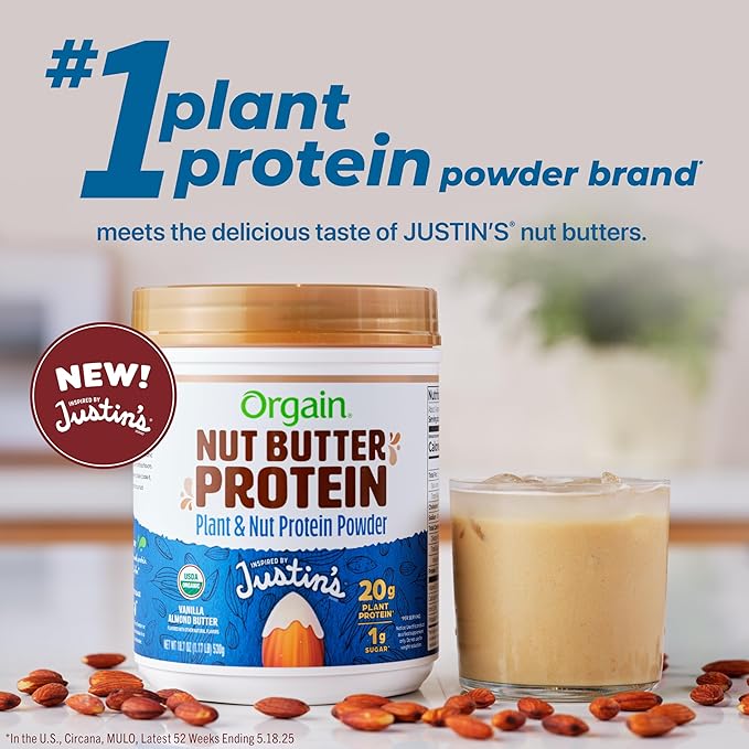Orgain X Justin's ì§?Organic Vegan Nut Butter Protein Powder, Vanilla Almond Butter- 20g Plant