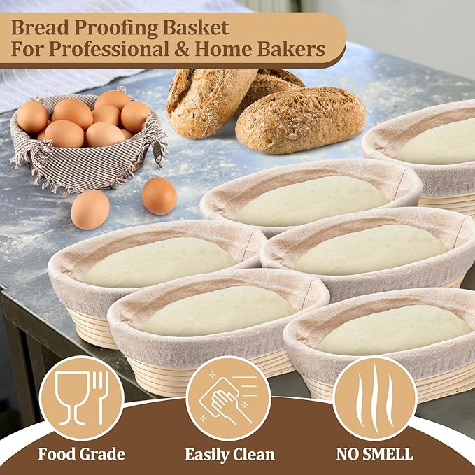 P&P CHEF Sourdough Bread Proofing Basket Set of 6, 10 Inch Oval Dough Proofing Bowls, Sourdough