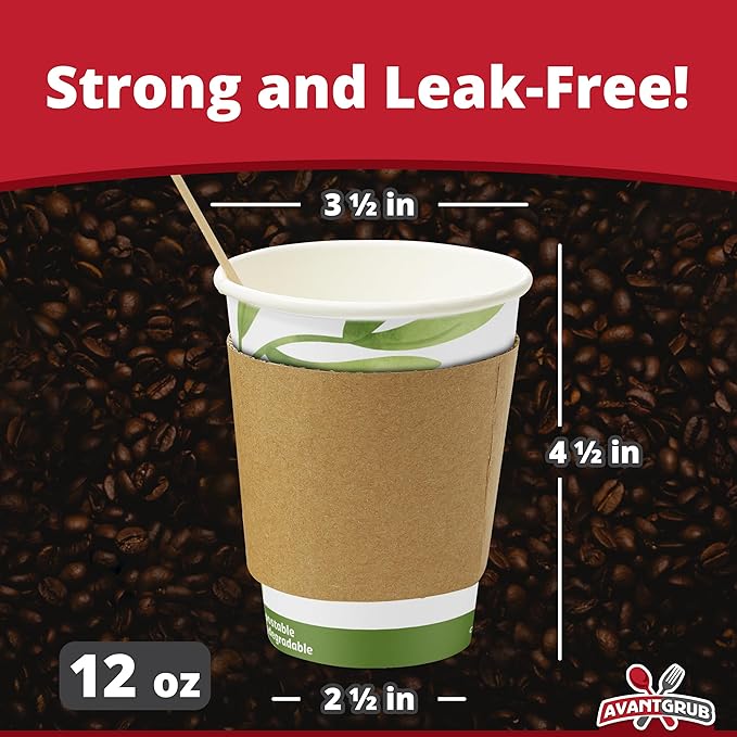 50Pk of 12Oz Recyclable Hot Drink Cups Wood Stirrers and Cardboard Coffee Sleeves. Biodegradable