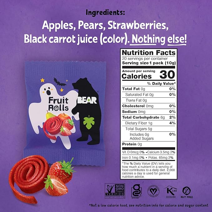 BEAR Real Fruit Snack Rolls - Gluten Free, Vegan, and Non-GMO - Strawberry ??Halloween Pack - 20