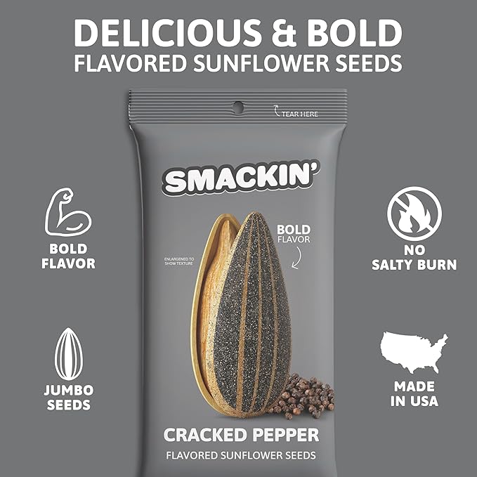 SMACKIN' Sunflower Seeds, Roasted Jumbo Small-Batch, American Made - Cracked Pepper. 1.5oz bags (36