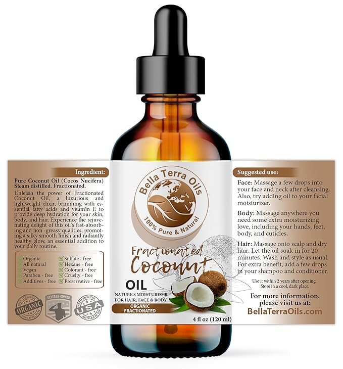 Bella Terra Oils - Organic Fractionated Coconut Oil (MCT) 4oz - Derived from Pure Coconut Essence