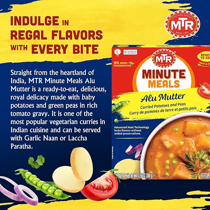 MTR - Minute Meals: Aloo Mutter - Curried Potatoes and Peas - Authentic Indian Ready-to-Eat Meal