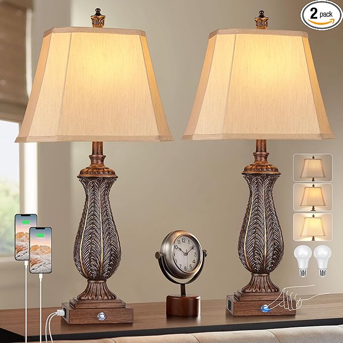 3-Way Dimmable Table Lamps for Bedrooms Set of 2, 30" H Touch Lamps for Living Room with USB &