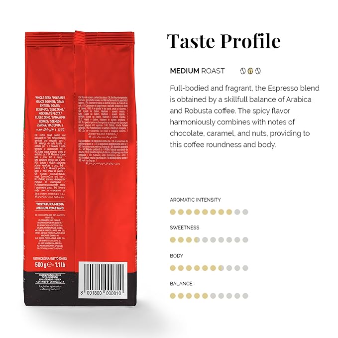 Caffe Vergnano 1882 Espresso Whole Bean Arabica Roast Coffee, 1.1 lb bag - Italian Medium Roast