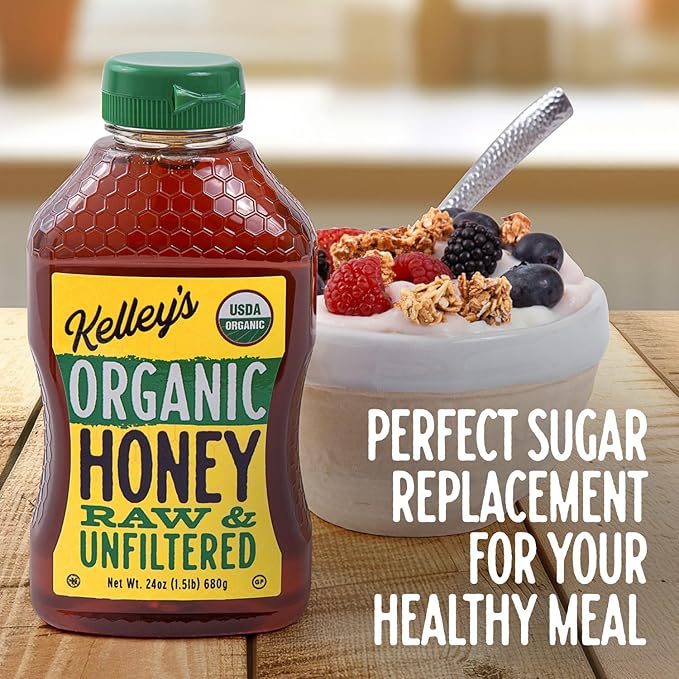 Kelley's 100% Organic Raw & Unfiltered Honey, USDA Certified, 24 Oz – All Natural, Flavor-Rich