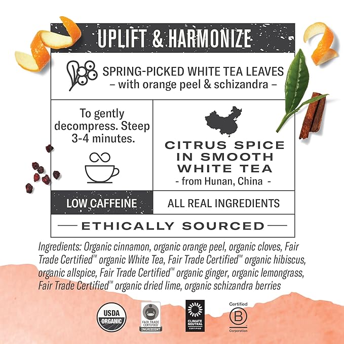 Numi Organic Orange Spice Tea, 100 Tea Bags, White Tea With Citrus & Spices, Brew 200 Cups, Low
