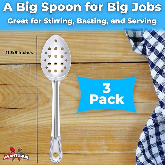 Super Strong, Ergonomic 11 in Serving Spoon 3 Pk. Big, Perforated Stainless Steel Spoons for