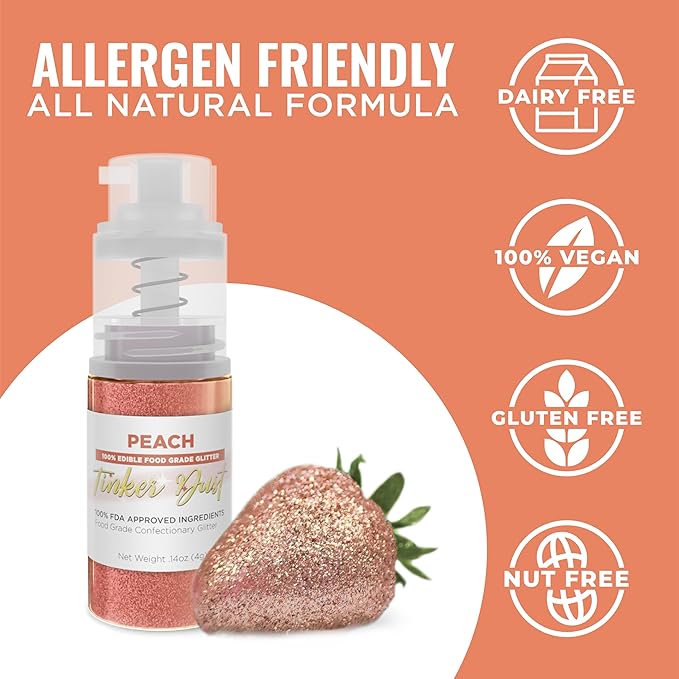 Bakell - Peach Tinker Dust (4g, 1x Mini Spray Pump) Edible Glitter for Food, Desserts, and