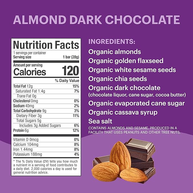 Tosi Dark Chocolate Almond Protein Bars, Plant Based with Nuts, Gluten-Free Crunchy Snacks, Vegan