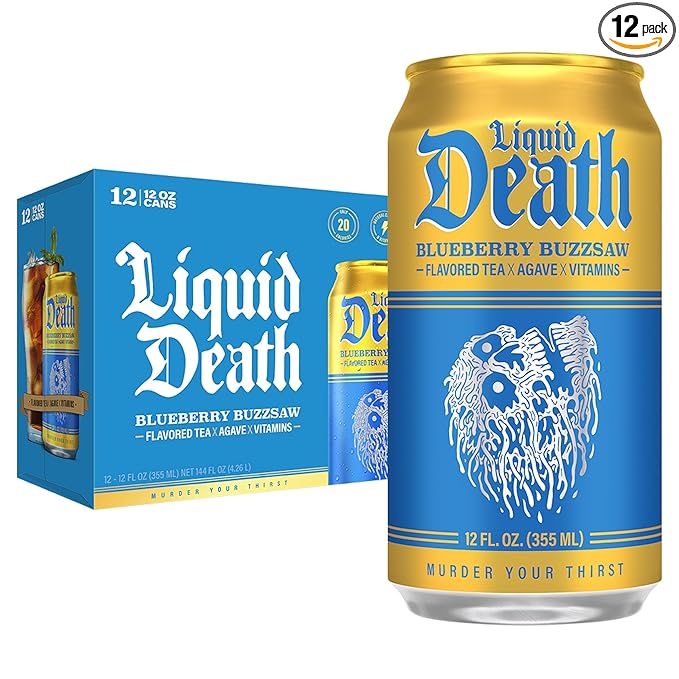 Liquid Death, Blueberry Buzzsaw Flavored Iced Tea, 12-Pack (12 oz Cans), Blueberry Flavored Black