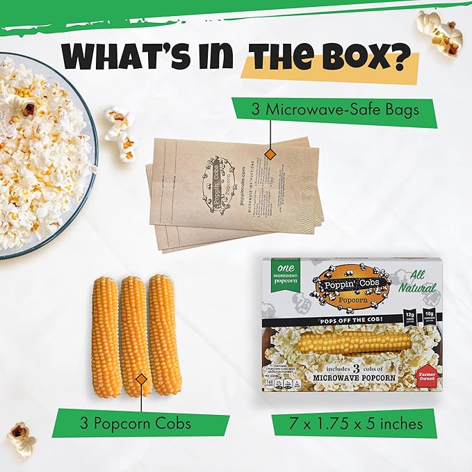 Poppin Cobs Microwave Popcorn on the Cob (3 PK) (Original) Whole Popcorn Kernels, Individually