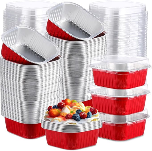 Aoriher 300 Pieces 10 oz Mini Cake Pans with Lids, Aluminum Foil Baking Cups, Square Disposable