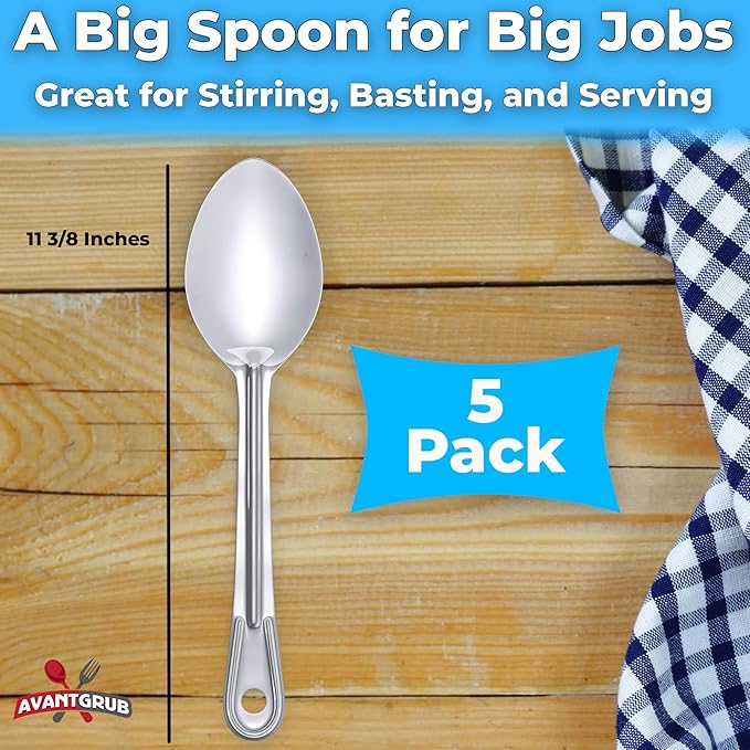 Super Strong, Ergonomic 11 in Serving Spoon 5 Pk. Big, Solid Stainless Steel Spoons for Cooking