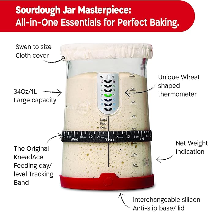 Pro Sourdough Starter Kit - 34oz Large Capacity Glass Fermentation Jar with Lid & Tracker