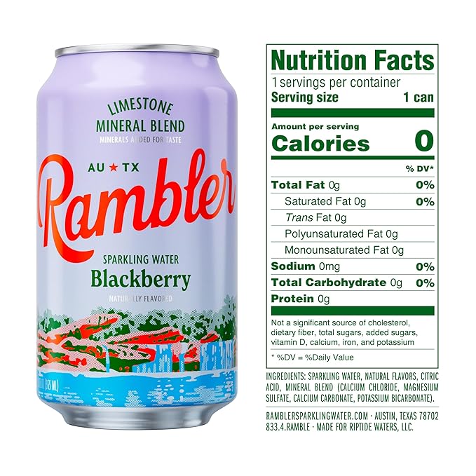 AUTX RAMBLER Sparkling Water, Texas Limestone Mineral Blend, Blackberry Flavor, 12-Ounce Cans