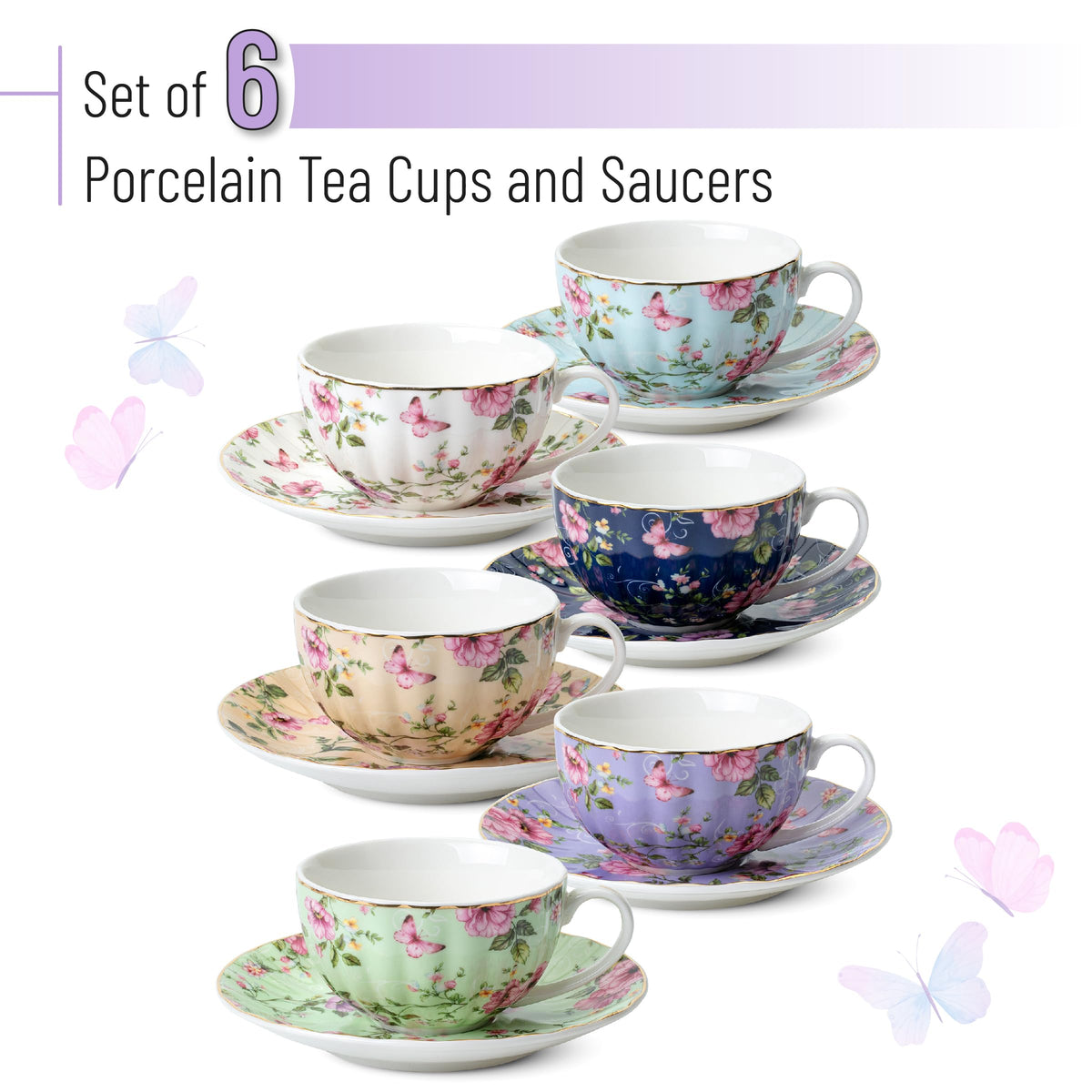 BTaT- Floral Tea Cups and Saucers Set of 6 (7 oz), Porcelain Tea Cups Set of 6, Modern Midnight