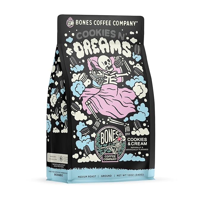 Bones Coffee Company Cookies 'N Dreams Cookies and Cream Flavored Coffee, Medium Roast Low Acid