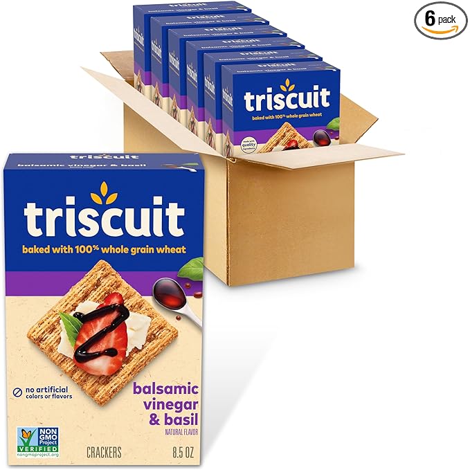 Triscuit Balsamic Vinegar & Basil Whole Grain Wheat Crackers, Lunch Snacks, Bulk Snack Crackers, 6