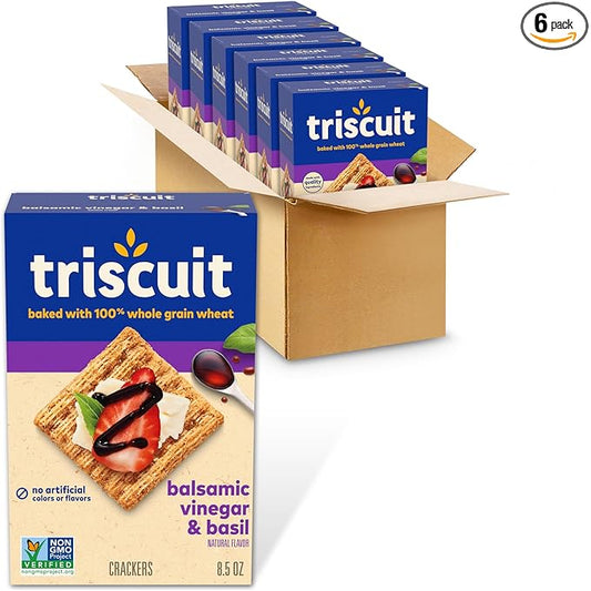 Triscuit Balsamic Vinegar & Basil Whole Grain Wheat Crackers, Lunch Snacks, Bulk Snack Crackers, 6