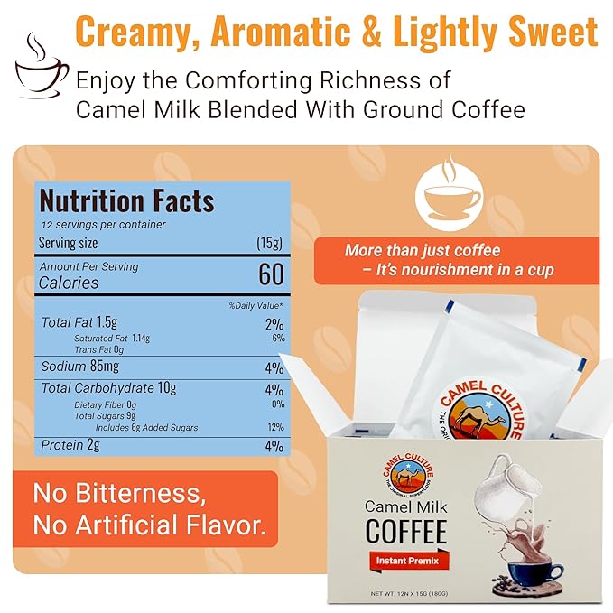 Camel Milk Coffee Instant Premix Sachets - Nutrient Rich - Instant Coffee - 15G x 12 Sachets