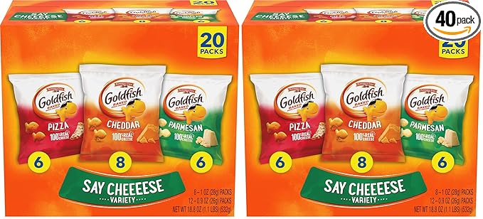 Goldfish Crackers Say Cheeeese Variety Pack with Cheddar, Pizza and Parmesan, Snack Packs, 20 Ct