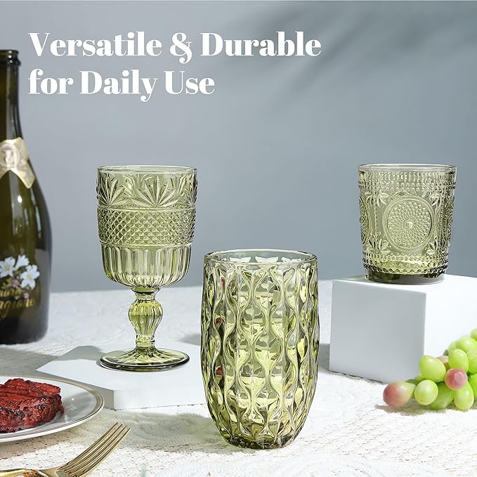 Joeyan Green Vintage Drinking Glasses,Embossed Small Sunflower Water Glass Tumbler,11oz Colored